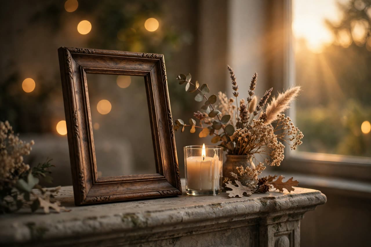 An Evermark frame on a mantel in warm evening light